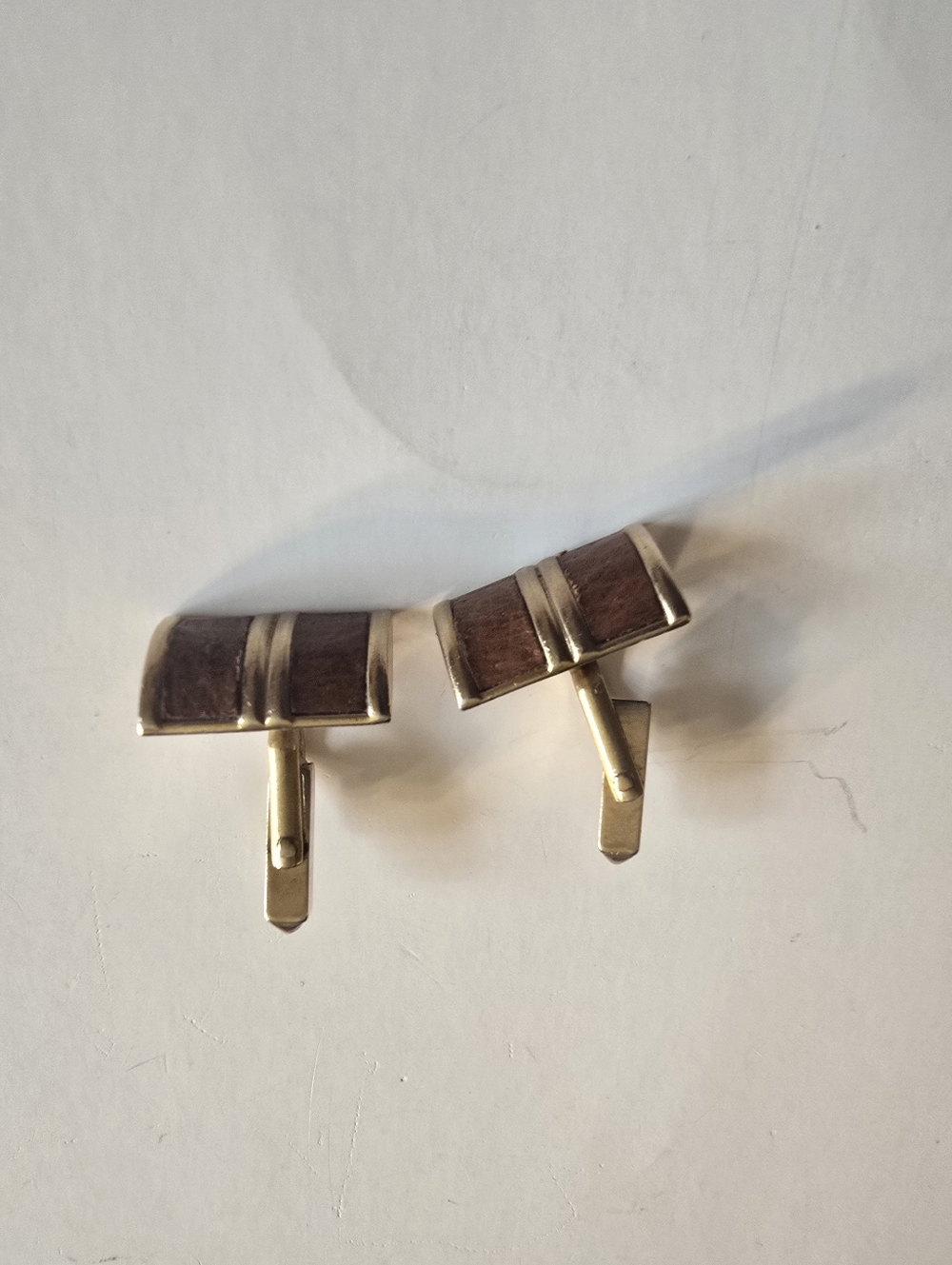ART DECO VINTAGE STYLE YELLOW GOLD TONE CUFFLINKS LEATHER RECTANGULAR SHAPE